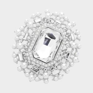White Silver Crystal Rectangle Glass Stone Big Large Statement Brooch Pin Pearl